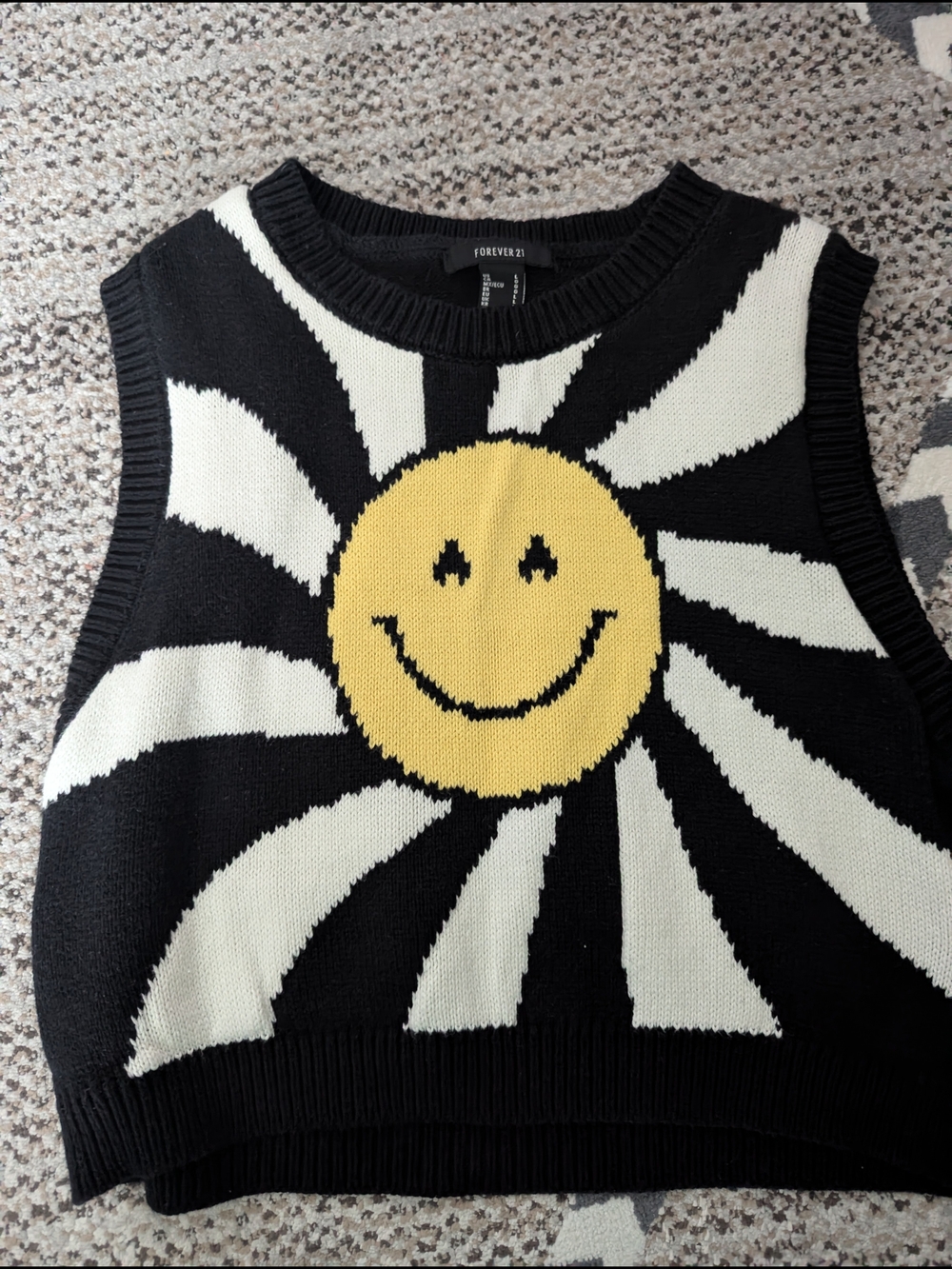 Forever 21 Black White Yellow Smiley Sun Knit Sweater Vest